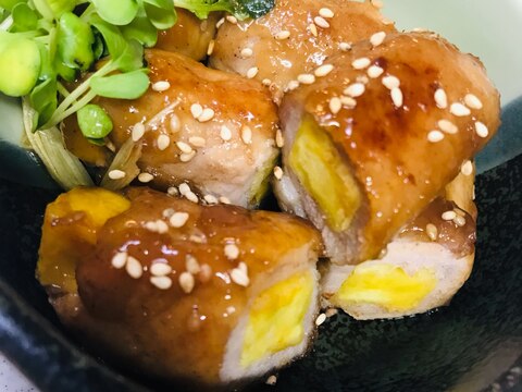 さつまいも豚肉巻き甘酢炒め煮